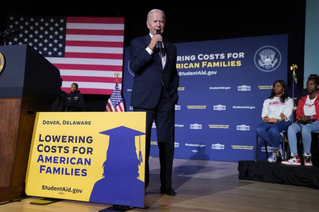 President Joe Biden speaks a<em></em>bout student loan debt relief at Delaware State University, Friday, Oct. 21, 2022, in Dover, Del. (AP Photo/Evan Vucci)
