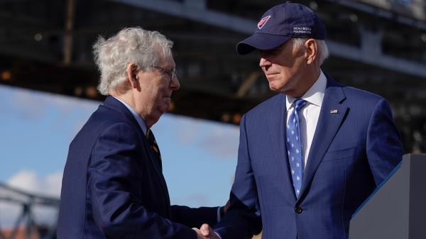 President Biden shakes hands with Senate Minority Leader Mitch McCo<em></em>nnell (R-Ky.)