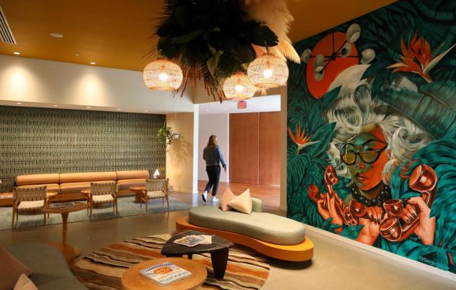 The newly revamped lobby of the Flamingo Resort in Santa Rosa on Thursday, May 13, 2021.  (Christopher Chung/ The Press Democrat)