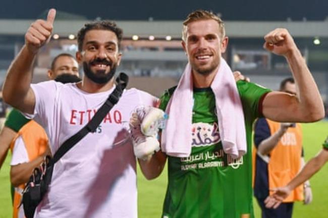 Al-Ettifaq’s Jordan Henderson celebrates his team’s win at the Prince Mohamed bin Fahd Stadium in Dammam on Monday